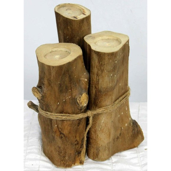 Rustic Wooden Trio Tea Light Candle Holder Country Cabin FarmHouse Reclaim Tree - Picture 2 of 5